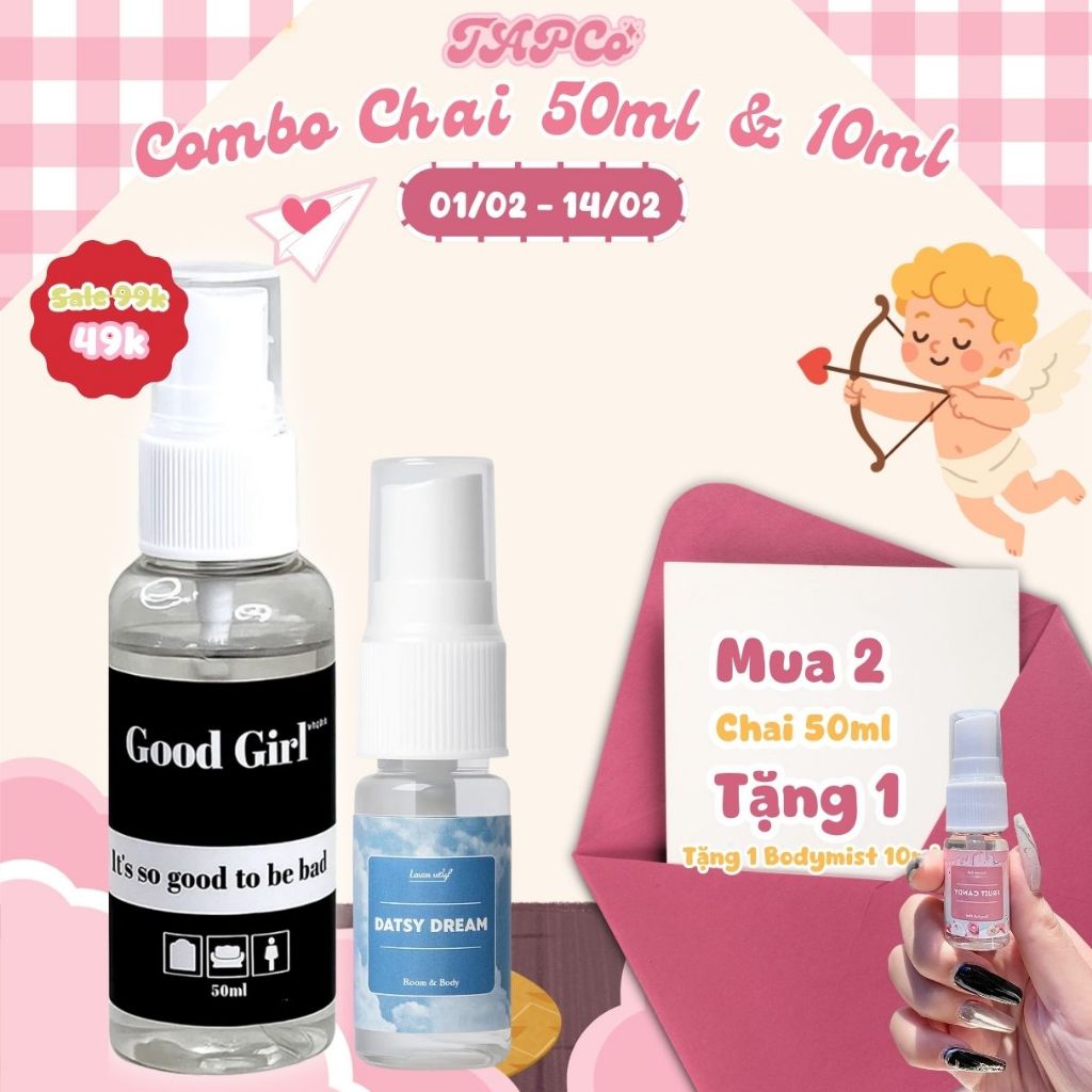 Combo 2 chai (50ml & 10ml) Xịt Thơm Body Mist quần áo Fabric Perfume - Linen Perfume 50ml, hương ngọt, quyến rũ, tươi má