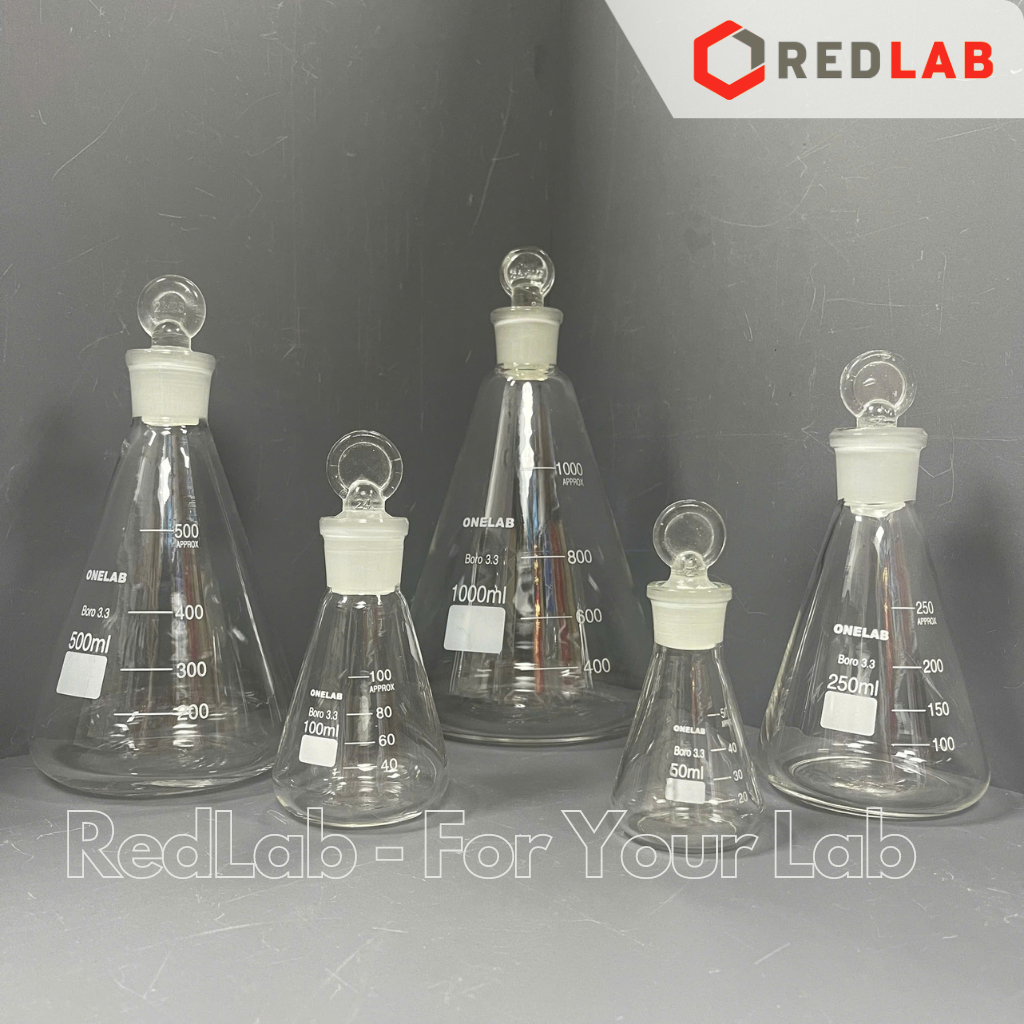 Bình tam giác có nút ONELAB 50 100 250 500 1000ml, erlen cổ nhám, nắp mài thuỷ tinh, đựng mẫu thí ng