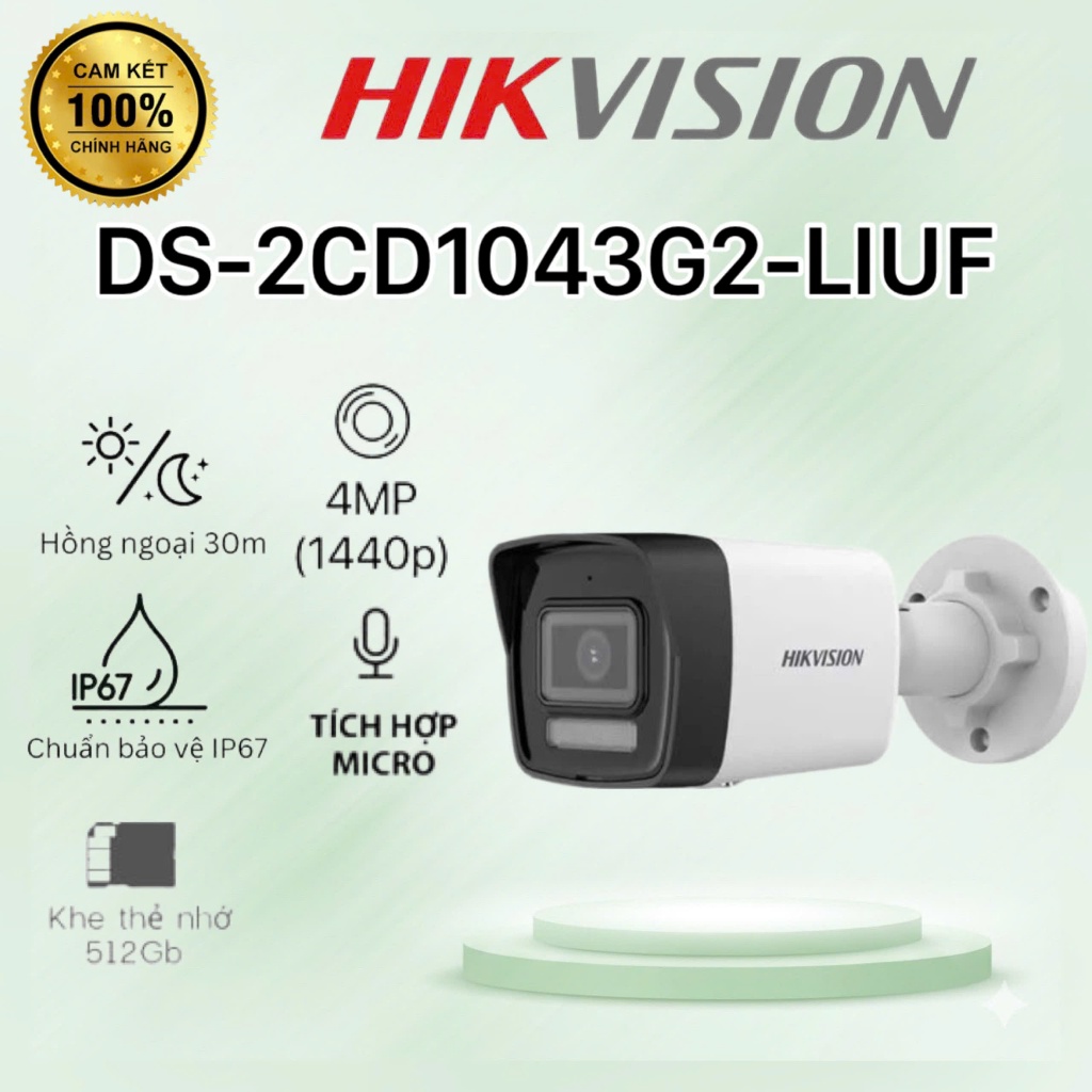 Camera IP 4MP thân trụ HIKVISION DS-2CD1043G2-LIUF - CÓ MÀU, MIC