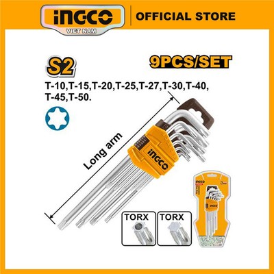 Bộ lục giác bông 9 chìa INGCO HHK13091 đầu phẳng và có lỗ 6 cạnh thép S2