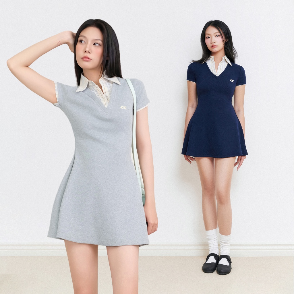 CARA Đầm thun phối sơ mi nữ Sofia dáng ngắn basic năng động