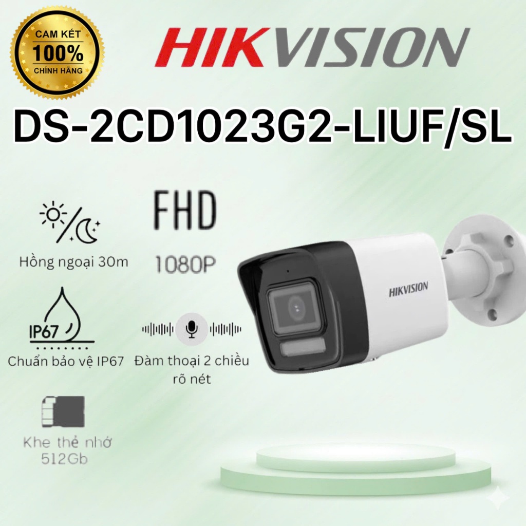 Camera IP 2MP thân trụ HIKVISION DS-2CD1023G2-LIUF/SL - CÓ MÀU, ĐÀM THOẠI 2 CHIỀU