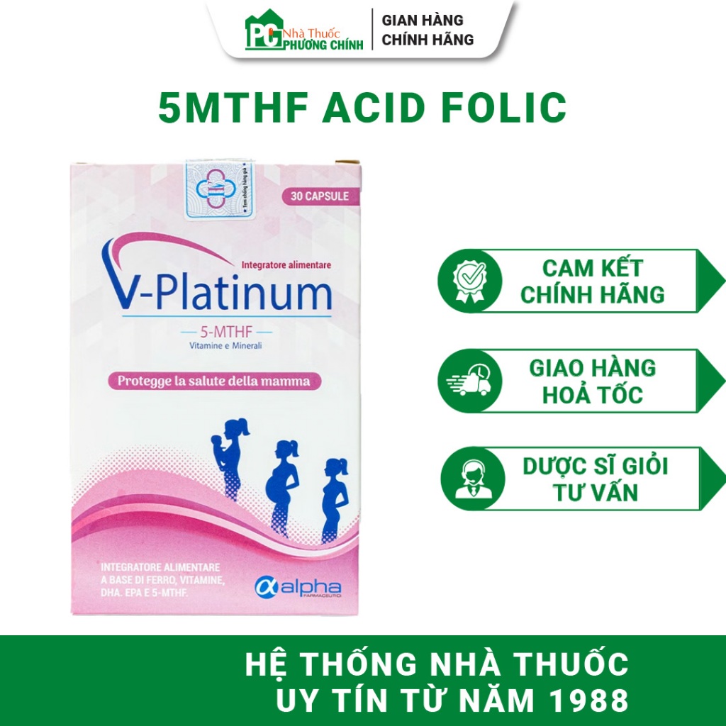 V Platinum 5 MTHF - Bổ Sung Sắt, Acid Folic Cho Phụ Nữ Trước, Trong & Sau Thai Kỳ 30 Viên/Hộp