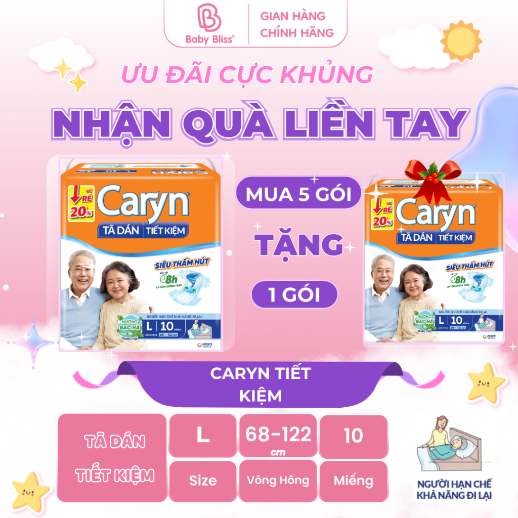[COMBO 5 TẶNG 1] Tã Dán người lớn Caryn tiết kiệm chính hãng M10/L10 Bỉm quần người lớn Caryn hàng bình dân