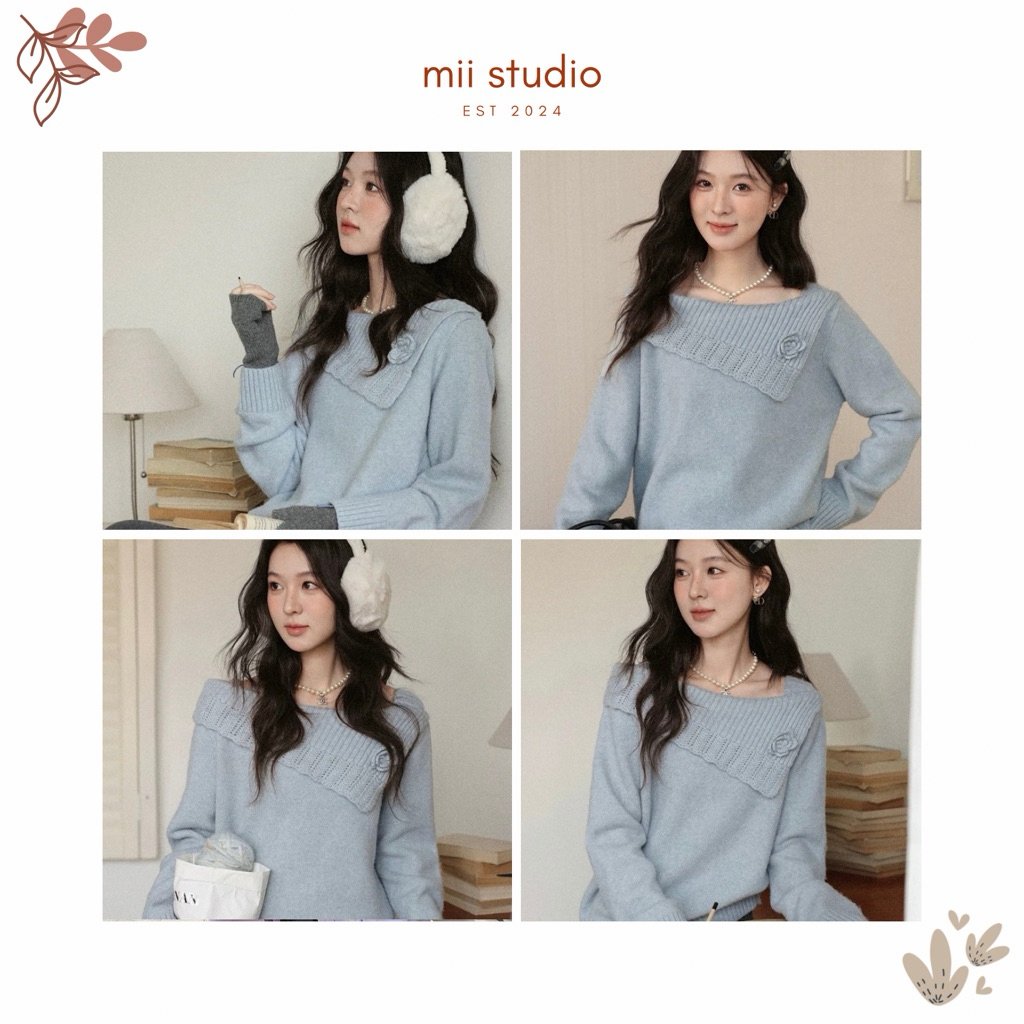 【𝐌𝐎𝐋𝐎𝐑𝐃𝐀】 Áo len trễ vai cổ vạt chéo thêu hoa phong cách Hàn Quốc