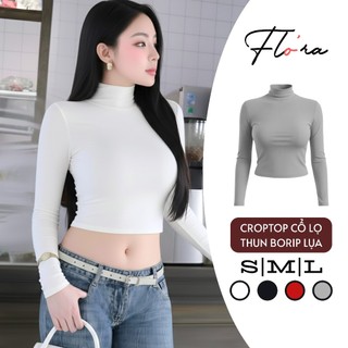 Áo Croptop TAY DÀI CỔ LỌ Chất Thun Borip Lụa CR108, Áo Thun Nữ Cổ Cao Basic Ôm Body Kiểu Trơn Flo'ra
