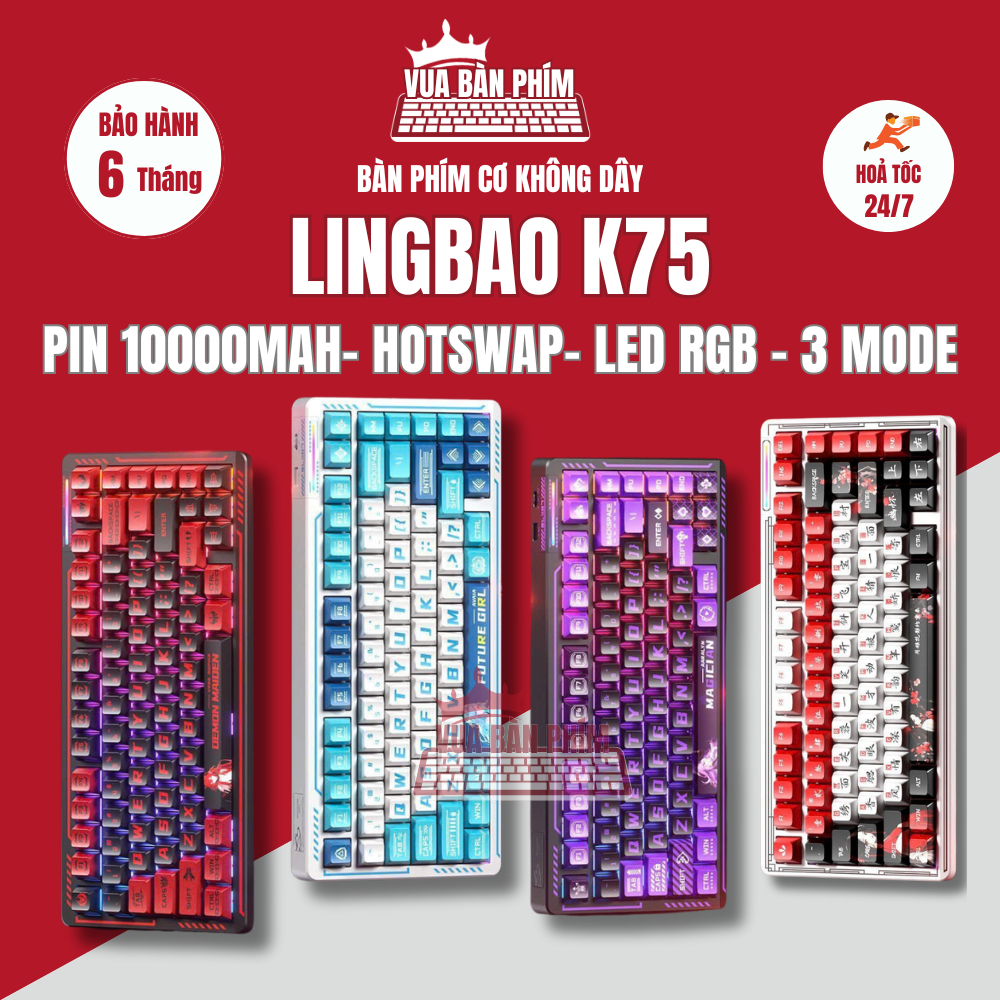 Bàn phím cơ không dây Lingbao K75 | lingbao k75 keycap aniamate, pbt double shot , pin 10000mah , le