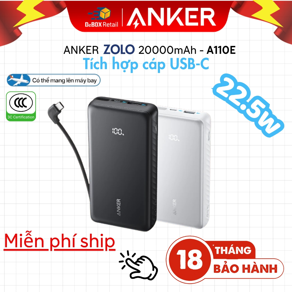 Sạc dự phòng Anker Zolo 20000mAh | Tích hợp cáp USB-C | Sạc nhanh 22.5W | 2 Cổng 1C1A sạc 3 thiết bị