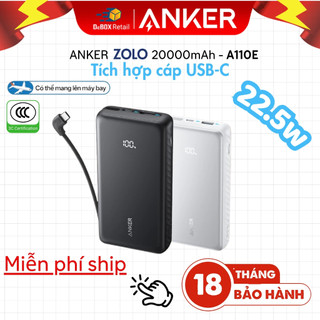 Sạc dự phòng Anker Zolo 20000mAh | Tích hợp cáp USB-C | Sạc nhanh 22.5W | 2 Cổng 1C1A sạc 3 thiết bị cùng lúc - A110E