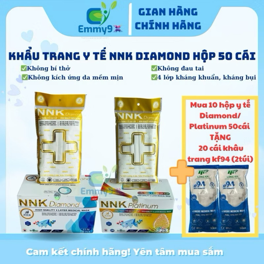 Khẩu trang y tế NNK Diamond/NNK Platinum 4 lớp kháng khuẩn, dày mịn. Hộp 50 cái