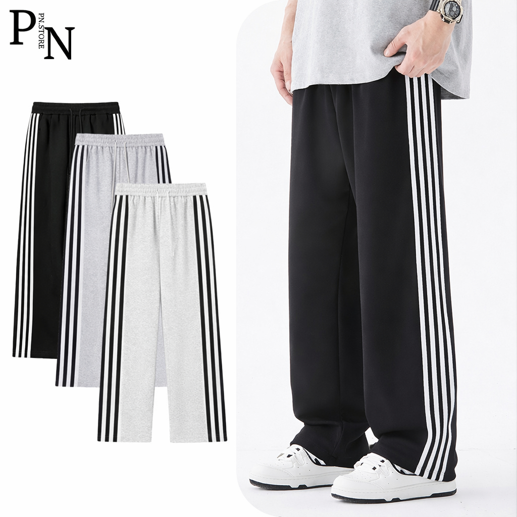 Quần Nỉ Dài Ống Rộng Form Suông Unisex Thiết Kế 4 Sọc Kèm Dây Rút Gấu Thế Thao PN STORE Q3S