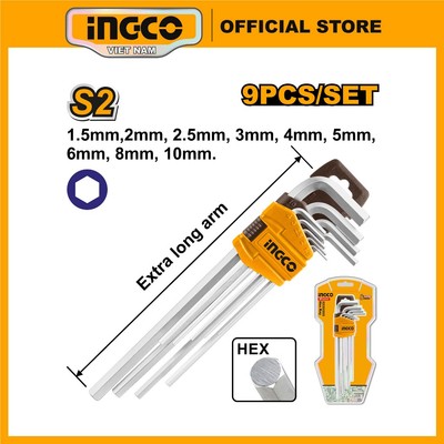 Bộ 9 chìa lục giác tay cầm dài INGCO HHK11092 thép S2 cao cấp