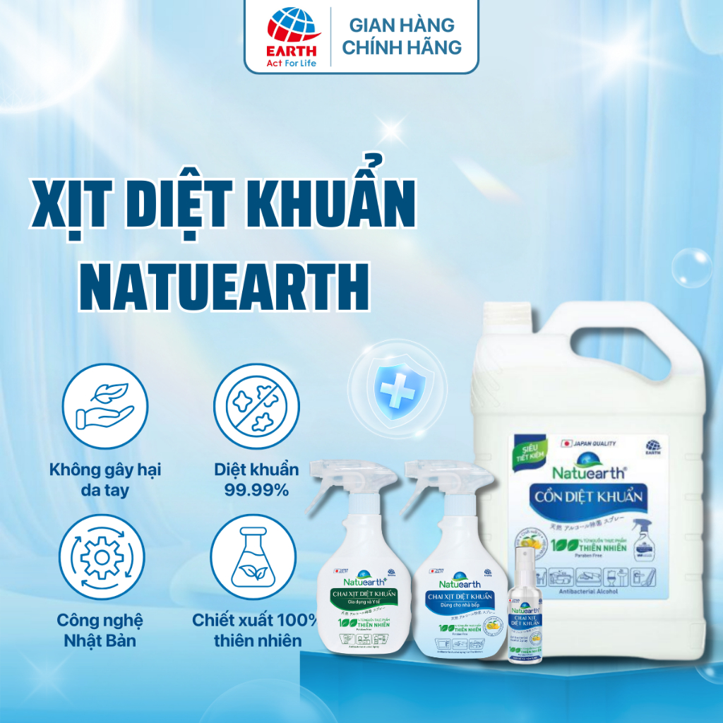 Cồn xịt khuẩn đa năng Natuearth 410ml- Cồn thực phẩm, khử khuẩn, an…