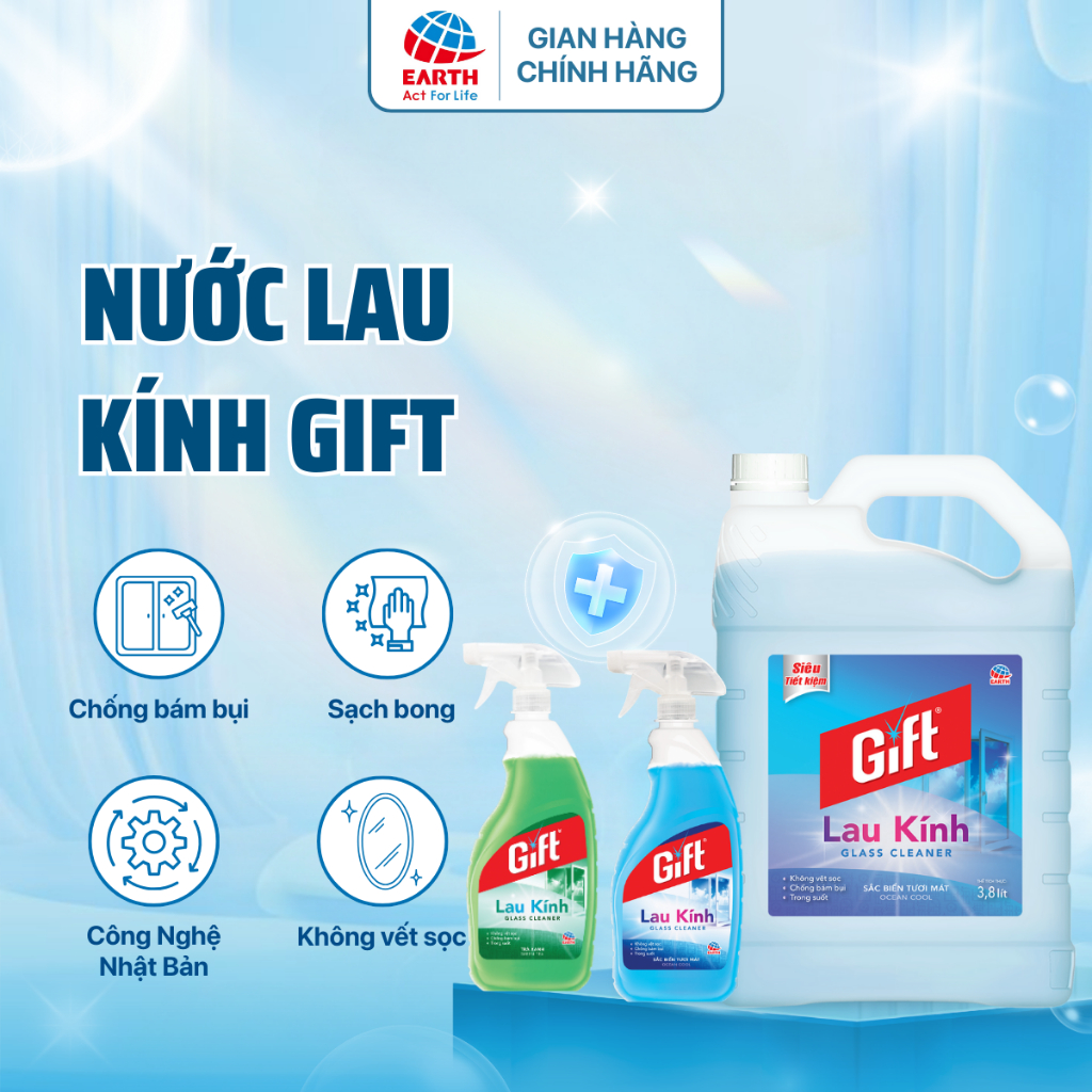 Nước Lau Kính Gift Làm Sạch Không Vệt Sọc, Khử Mùi – Hương Sắc Biển/Trà Xanh, Chai 540ml/800ml/3.8kg