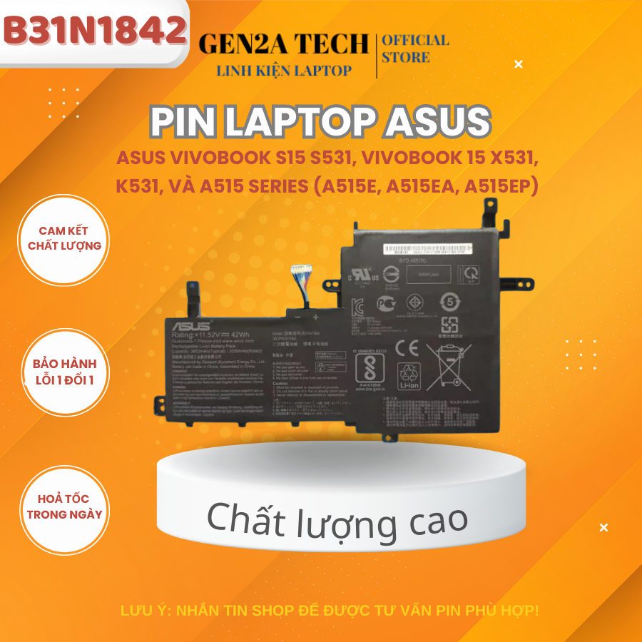 Pin Laptop Asus Vivobook A515 A515E A515EA, B31N1842 (ZIN), Asus VivoBook S15 S513 S531 F513 K513 K5