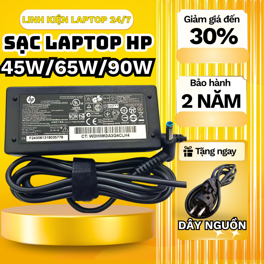 Sạc Laptop HP Chân Kim nhỏ, Chân Kim To 2.31A 45W, 3.33A - 65W, 4.74A 90W - Sạc HP Zin Bảo Hành 24 Tháng