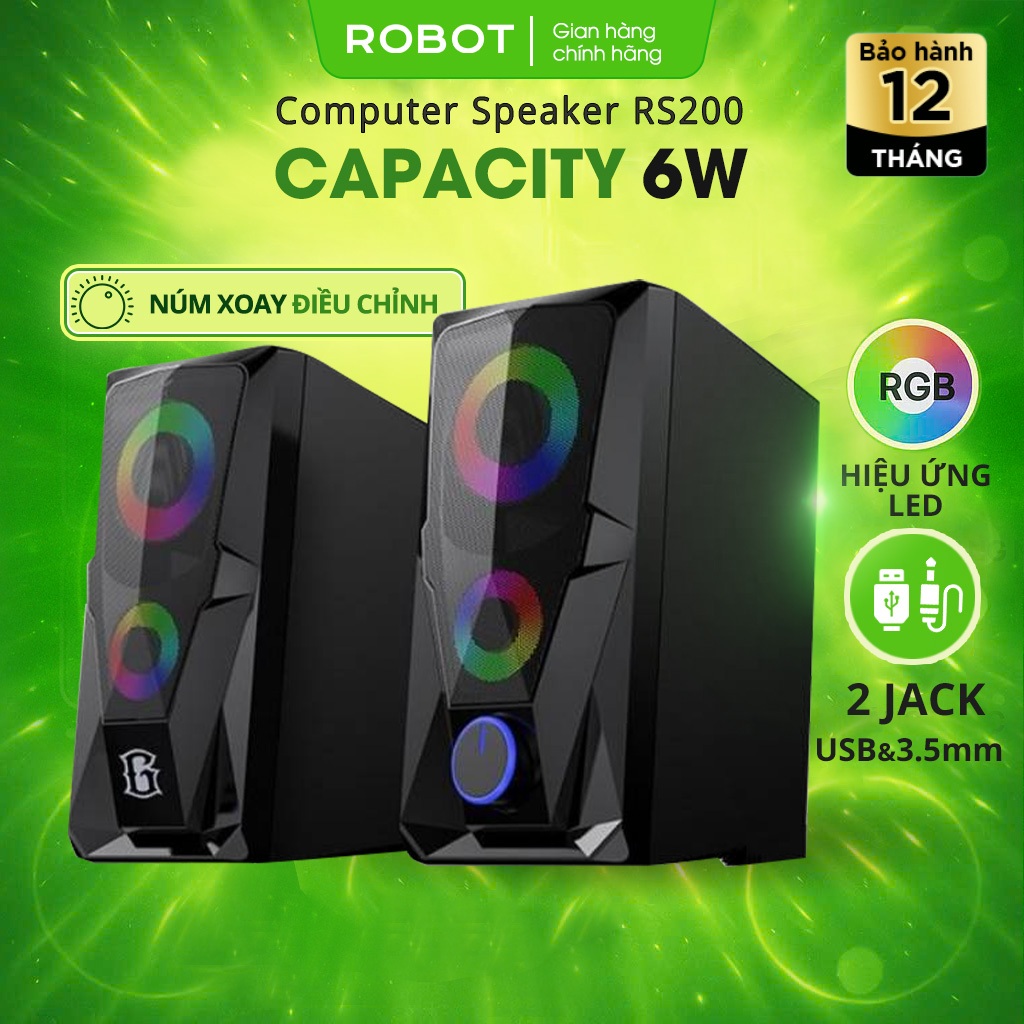 Loa Máy Tính Gaming ROBOT RS200 Hiệu Ứng Đèn LED Âm Thanh HD Chất Lượng Cao Bảo Hành Chính Hãng 12 T