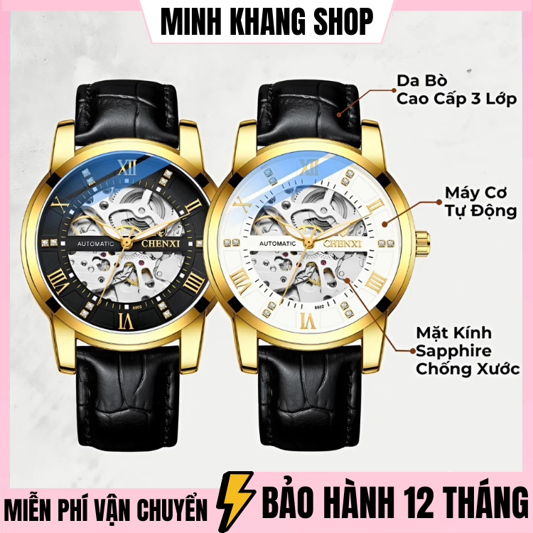 Đồng Hồ Cơ Nam CHENXI CX-8802 Dây Da Cao Cấp , Lộ Máy Tự Động , Có Dạ Quang Cực Đẹp , Bảo Hành 12 Th
