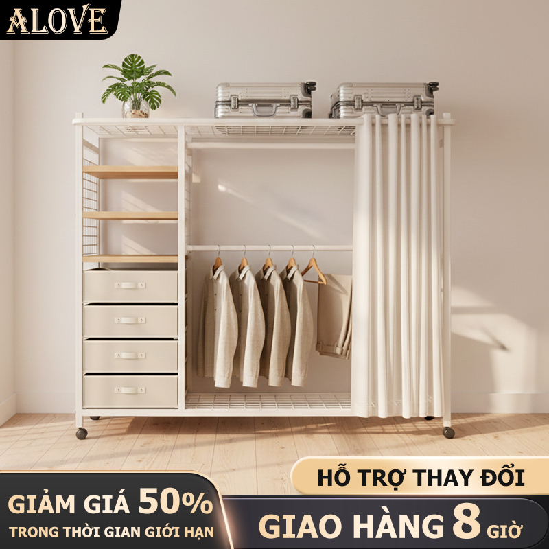 ALOVE Giá treo quần áo di động phong cách Bắc Âu chống bụi khung thép chắc chắn kèm kệ lưu trữ