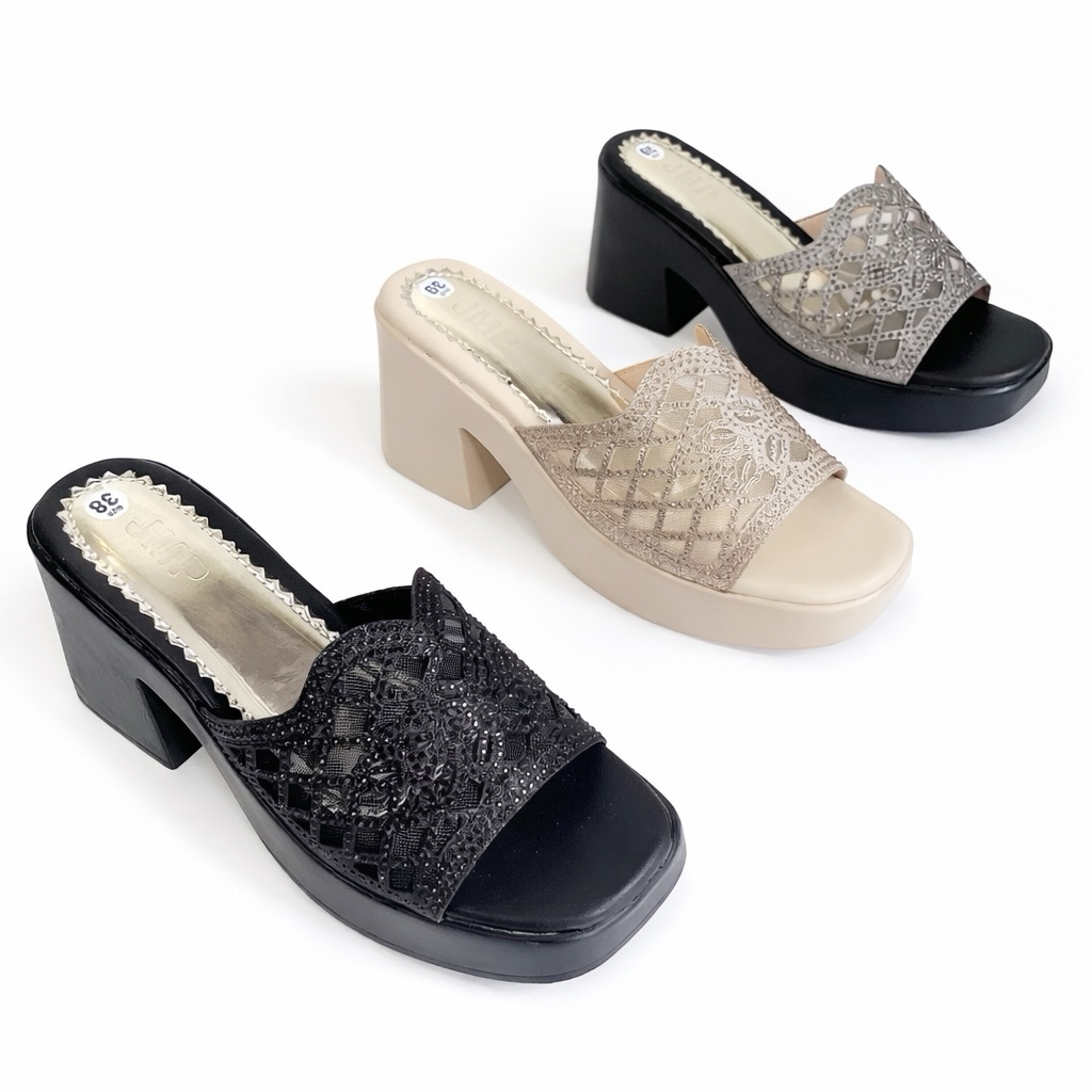 Guốc Nữ Đế PU Siêu Nhẹ – Dép Quai Lưới Đính Xoàn Cao 9cm, Đôn Trước 3cm Êm Chân