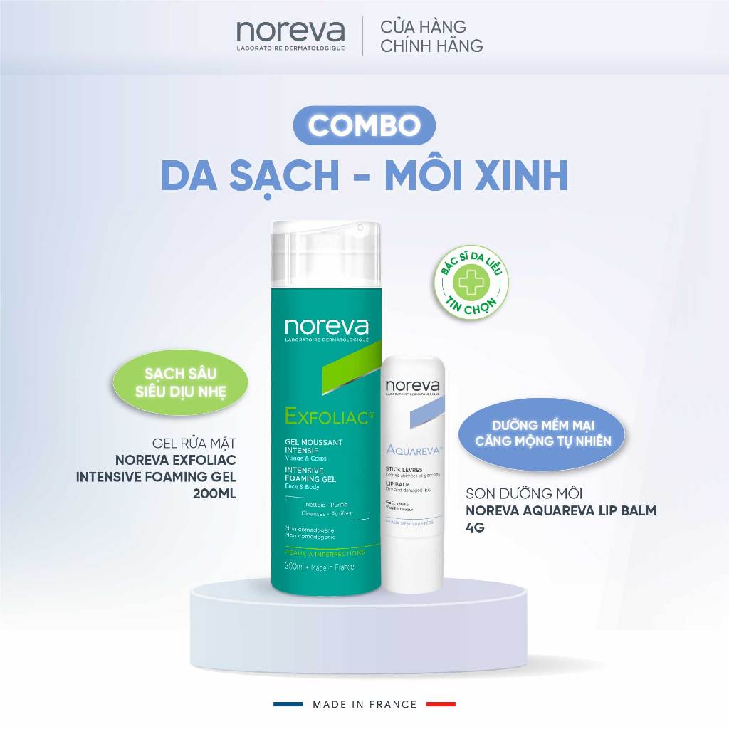 Combo Noreva Gel rửa mặt dành cho da dầu mụn Exfoliac 200ml và Son dưỡng 4g mềm mọng môi Aquareva