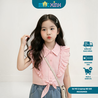 [VOUCHER 25K] Áo Sơ Mi Linen Bé Gái Tay Bèo Cột Nơ Phong Cách Hàn Quốc - Macxinh KID SM26GH0101