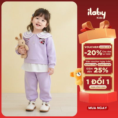 Set bộ nỉ bé gái ILABY cổ thủy thủ Sweet Heart phong cách Hàn Quốc size đại từ 9-40kg [3603]
