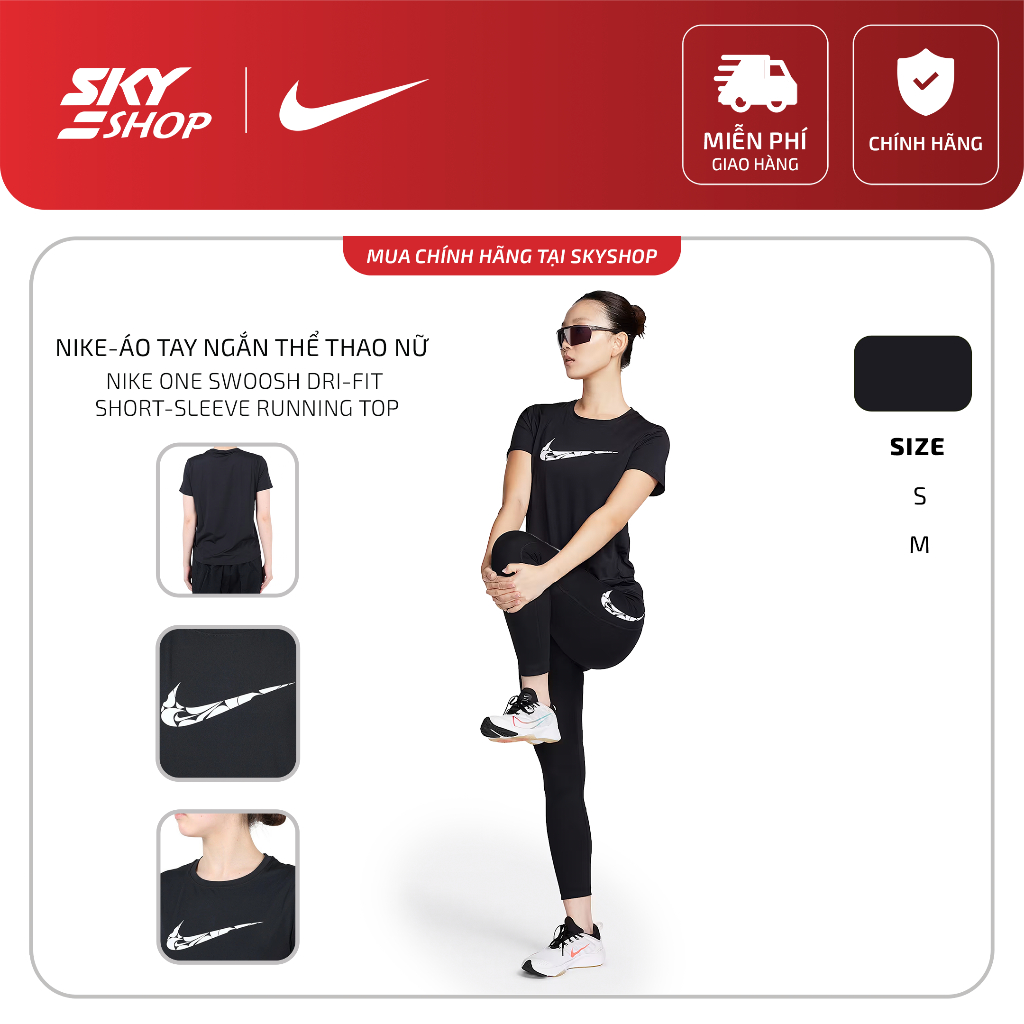 NIKE-Áo Tay Ngắn Thể Thao Nữ Nike One Swoosh Dri-FIT Short-Sleeve Running Top đen chính hãng Skyshop