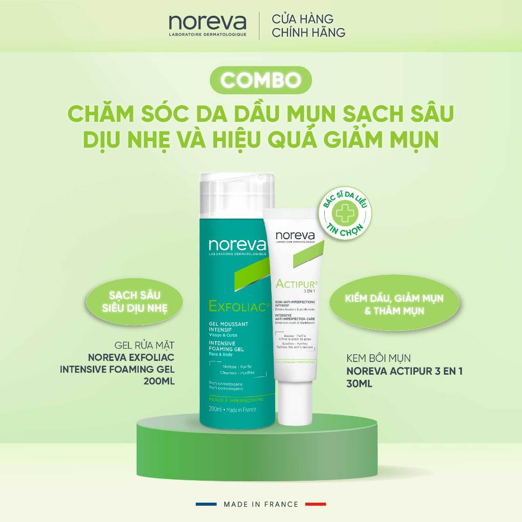 2 bước chăm da dầu mụn cùng sữa rửa mặt Noreva Exfoliac Intensive Foaming 200ml và kem mụn Noreva Ac
