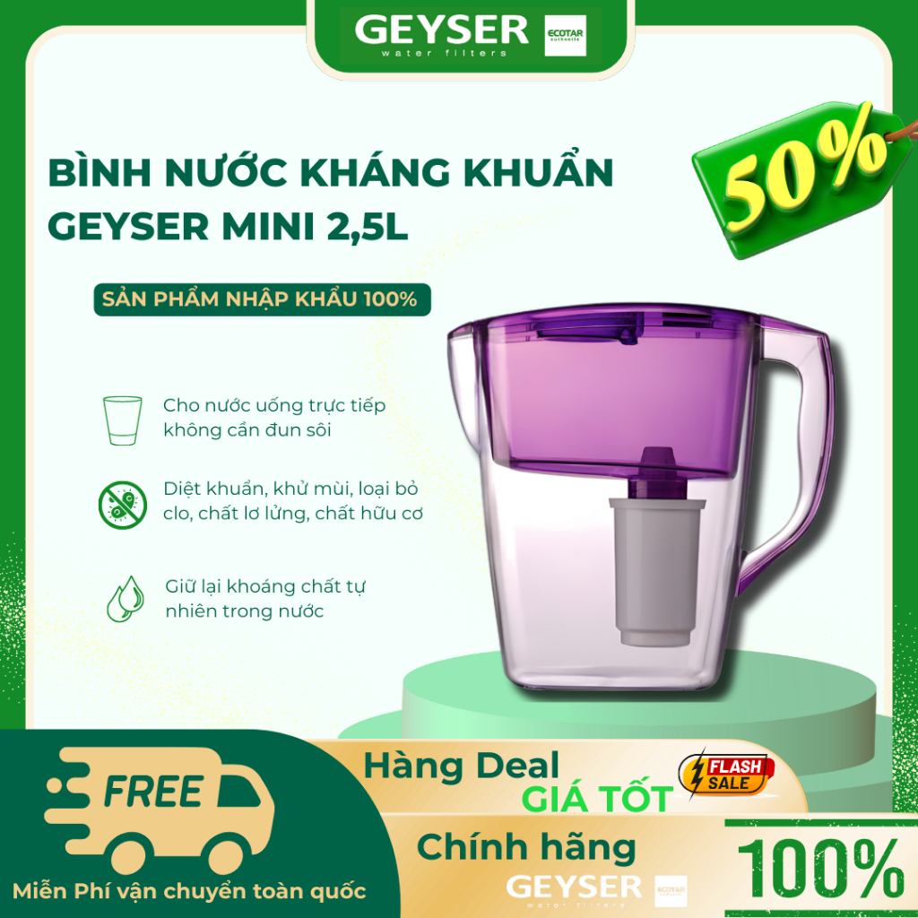 Bình Nước Kháng Khuẩn Geyser  Mini 2,5L - Hàng Chính Hãng Geyser Việt Nam