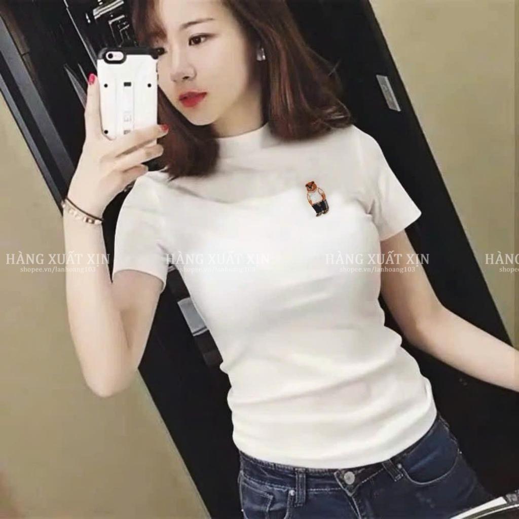 Áo Thun Tăm Nữ Cổ 3 Phân Ngắn Tay Vải Gân Thêu Gấu – Thanh Lịch, Dễ Mặc