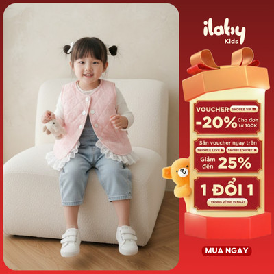 Áo gile phao trần bông bé gái ILABY phối ren hoa xinh xắn size đại từ 9-40kg [3591]