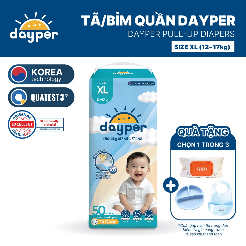 Tã/bỉm quần Dayper S60/M58/L52/XL50/XXL46 - Super Hive Dry mới thấm hút gấp 6 lần (+10 miếng)