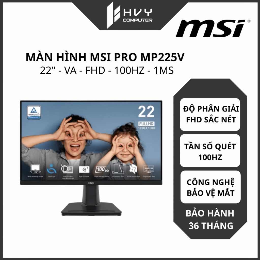 Màn hình MSI PRO MP225V 22 inch/FHD/VA/100Hz/1ms | Thiết Kế Hiện Đại, Bảo Vệ Mắt - Hàng chính hãng