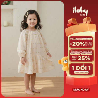 Váy bé gái ILABY váy thô cổ tròn tùng sóng nhún bồng dáng xòe họa tiết tim vàng kim tuyến size đại từ 9-36kg [3335]
