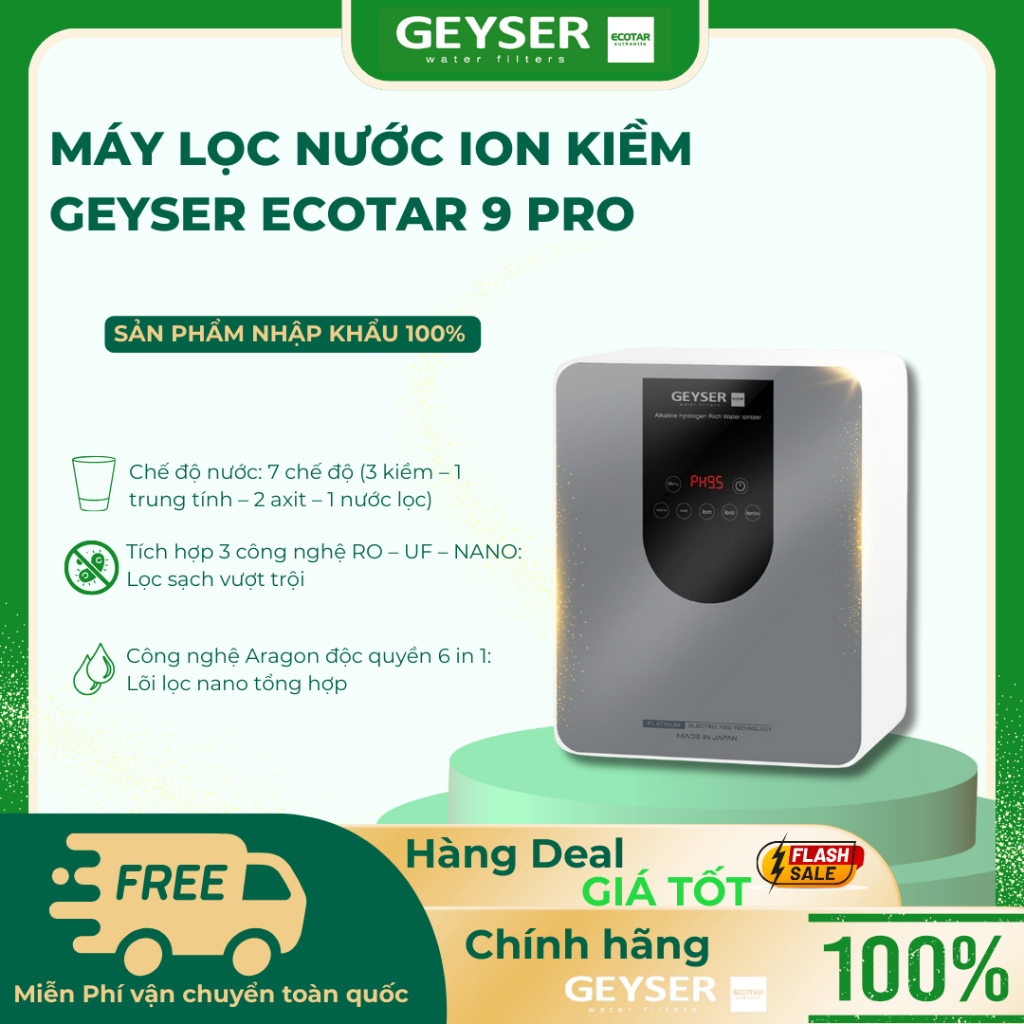 Máy Lọc Nước Ion Kiềm Giàu Hydro Geyser Ecotar 9 Pro - Tặng kèm cột UF - Hàng Chính Hãng Geyser Việt