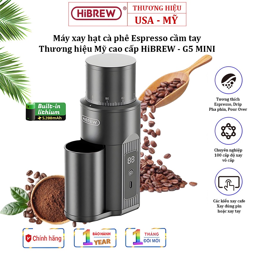 BH 1 NĂM - Máy xay hạt cà phê Espresso cầm tay, dùng pin. Thương hiệu Mỹ cao cấp HiBREW - G5 MINI