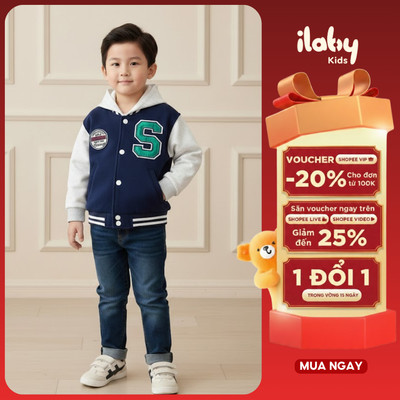 Áo khoác nỉ bé trai ILABY có mũ phong cách học đường khỏe khoắn size đại từ 9-40kg [3545]
