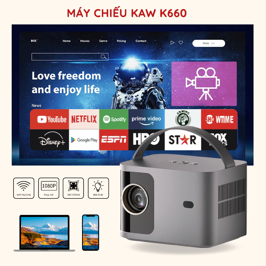 Máy Chiếu Giá Rẻ Mini Siêu Nét KAW K660 Nâng Cấp, Chất Lượng Cao, Độ Sáng Cao, Độ Phân Giải Full HD