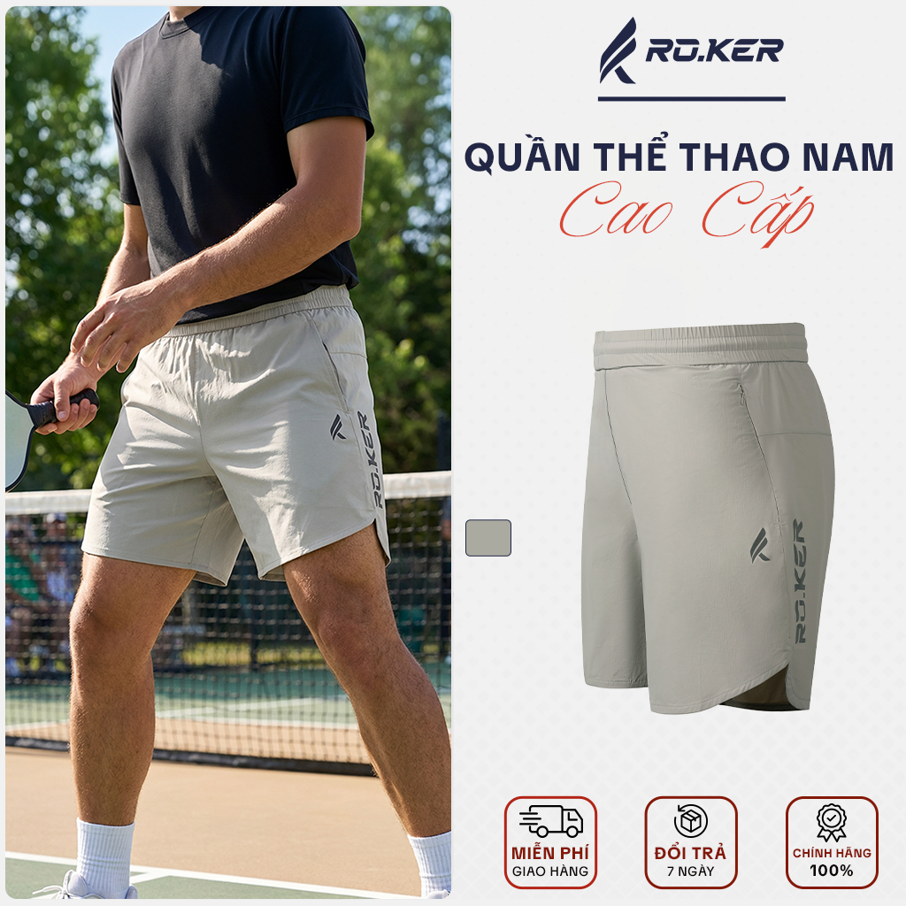 Quần Short thể thao nam RO.KER màu ghi sáng chất vải dệt sợi tre hiệu ứng lưới hiện đại