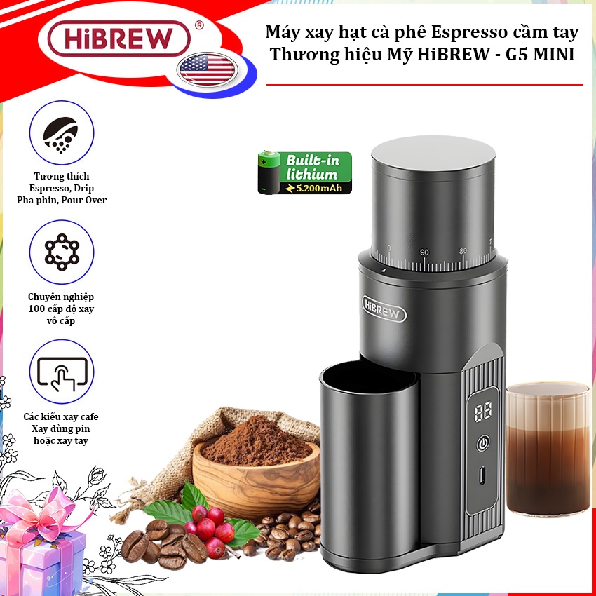 Máy xay hạt cà phê Espresso cầm tay, dùng pin. Thương hiệu Mỹ cao cấp HiBREW - G5 MINI, BẢO HÀNH 12 
