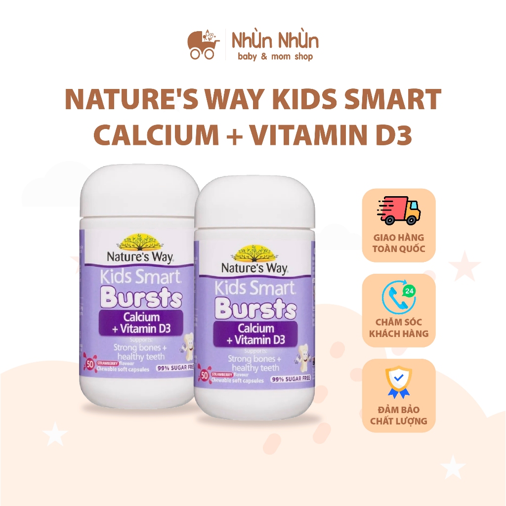 (Nhùn Nhùn) Viên Nhai Canxi Sữa Cho Bé Nature’s Way Kids Smart Calcium + Vitamin D3 Burstlets - Hộp 50v