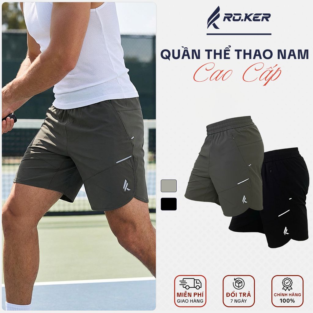 Quần Short thể thao nam RO.KER 9-353 - 2 màu đen ghi rêu chất vải dệt sợi tre hiệu ứng lưới hiện đại
