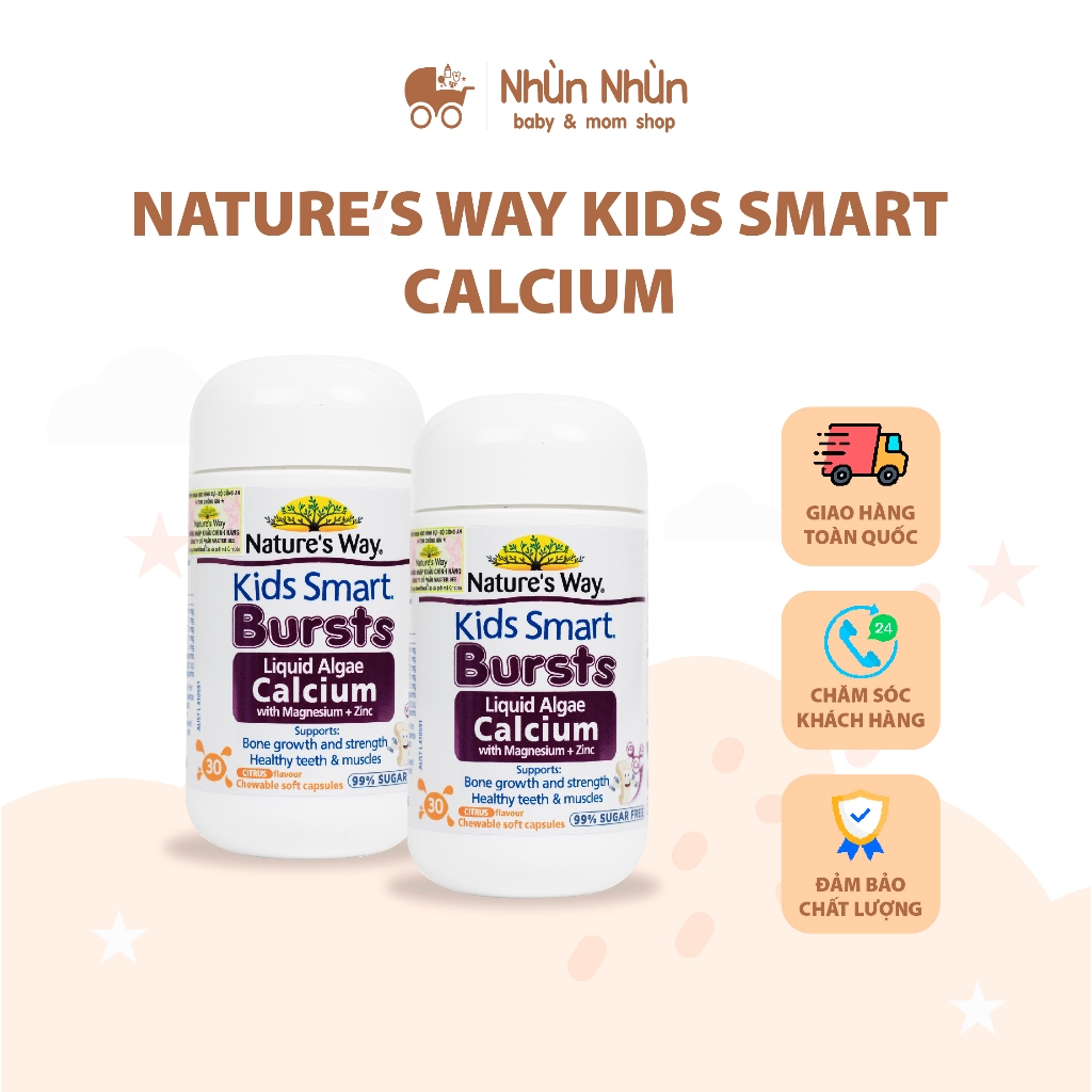 (Nhùn Nhùn) Viên nhai Calcium Kids Smart Bursts Natue's Way - Canxi Tảo Biển Đỏ - Hàng Chính Hãng