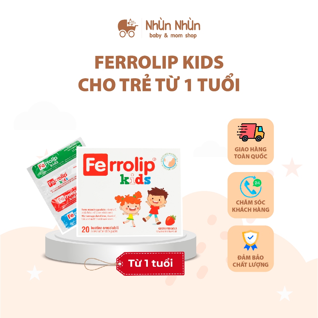 (Nhùn Nhùn) Sắt bột, sắt hữu cơ Ferrolip Kids bổ sung vitamin C, axit folic và vitamin B12 cho bé - Hộp 20 gói