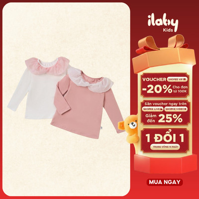 Áo giữ nhiệt bé gái ILABY thiết kế cổ phối tơ bản to chất liệu cotton co giãn [3370]