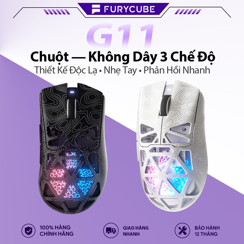 Chuột Gaming Không Dây FURYCUBE G11, RGB LED Cá Tính, 2.4G + Bluetooth+USB, Nhẹ Đẹp, Dùng Văn Phòng
