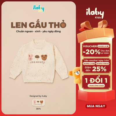 Áo len bé gái ILABY thiết kế cổ tròn thêu hình và Josweety dễ thương, chất liệu len phối màu siêu ấm [3974]