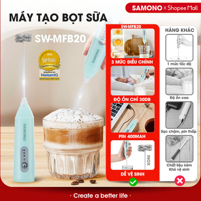 (BH 1 năm) Máy tạo bọt cafe Samono SW-MFB20 xanh mint, 3 tốc độ, cầm tay không dây, hỗ trợ sạc pin tiện lợi sử dụng
