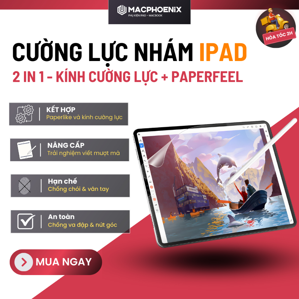 Kính Cường Lực Paperlike 2IN1 Macphoenix | Bảo Vệ Màn Hình, Chống Chói, Viết Vẽ Như Trên Giấy C04